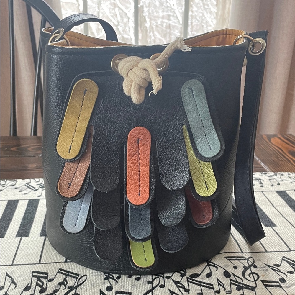 Handmade Black Italian Multicolor Leather Front Flap Bucket Bag Unique